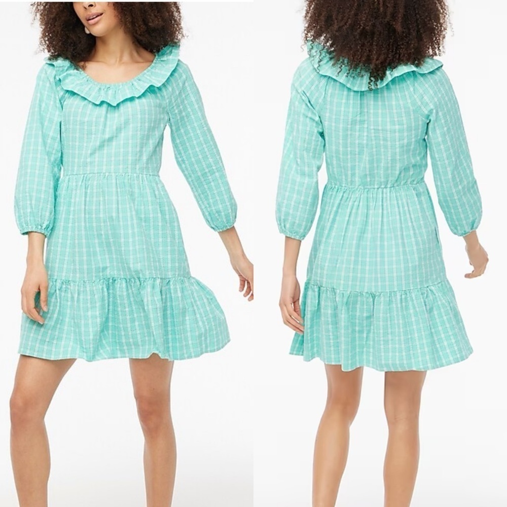 J.Crew Factory Seersucker ruffleneck mini dress radiant Aqua pockets size 4